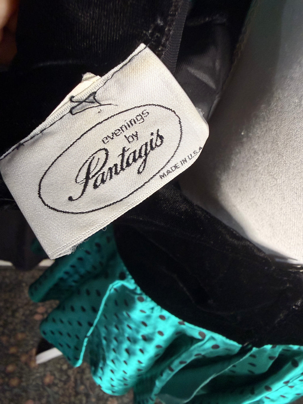 Vintage 1980s Evenings By Pantagis Party Dress Velvet Top/satin Polka Dot Bottom. Bow detail on back. No size on tag but fits like a medium. Slight ripping at seam in photo